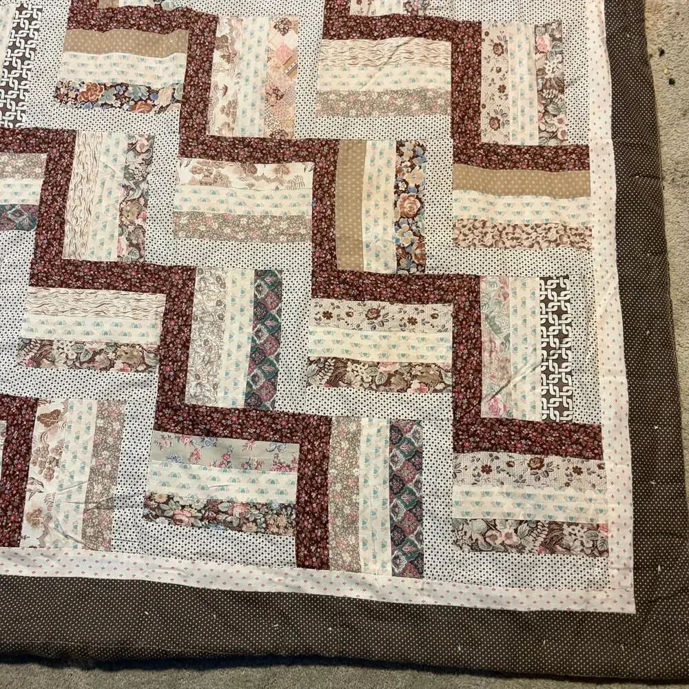 Vintage 1994 Handmade Patchwork Quilt Brown Geometric Rail Fence Twin XL 61x95